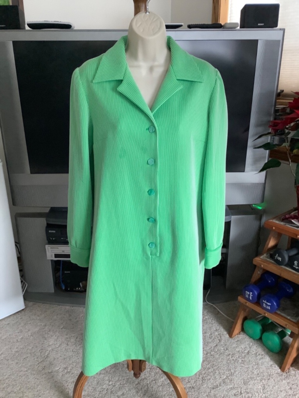 Vintage 70s Polyester GRANDMA Midi Long Sleeve Shift DRESS Green Pinstriped Belt